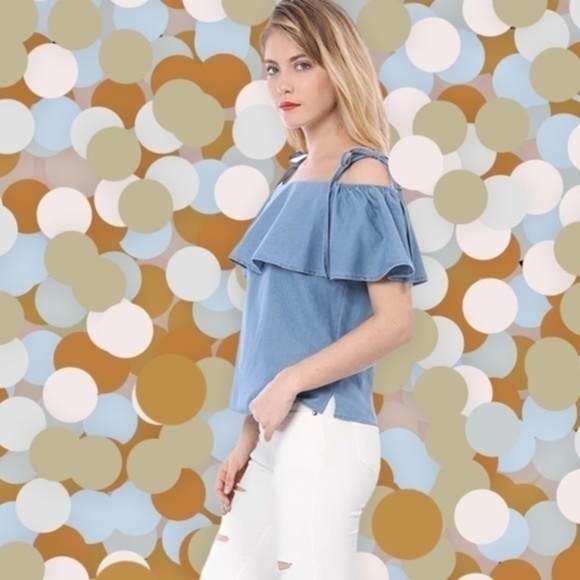 NWOT ALLEGRA K Chambray Denim Ruffle Off The Shoulder Self-Tie-Strap Top/LG - Picture 4 of 9